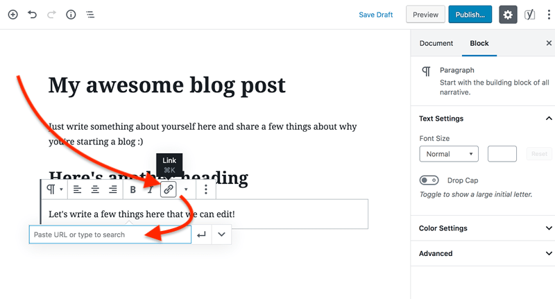 如何在 WordPress 中撰写您的第一篇博文 - 如何添加链接