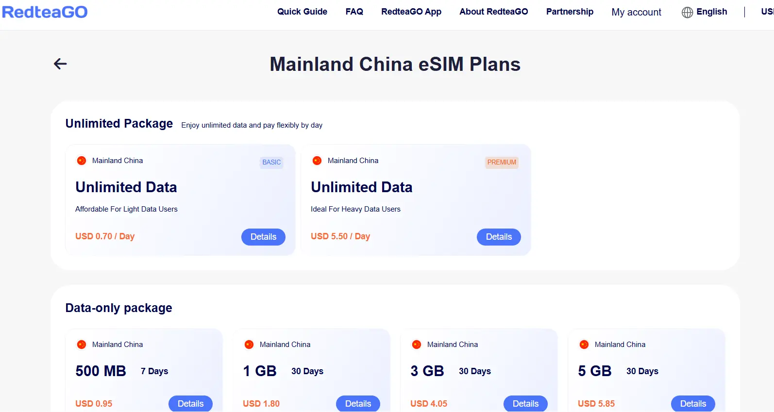 RedteaGo 中国大陆 eSIM 套餐价格