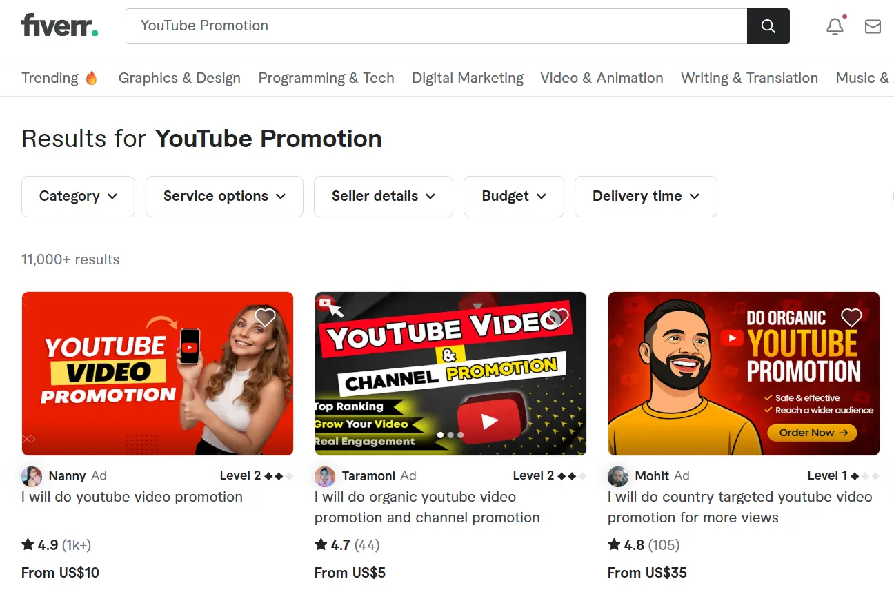 如何在 Fiverr 找人推广 YouTube 频道
