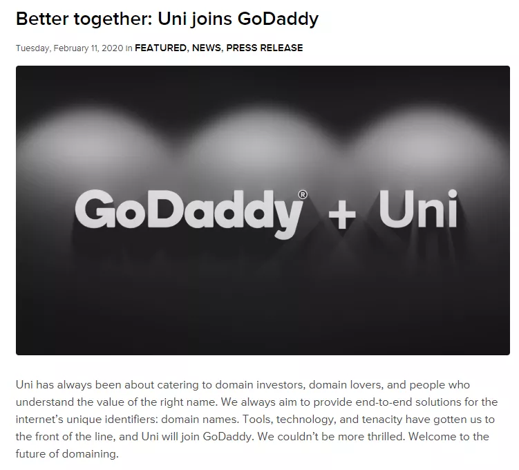2020年Godaddy收购uniregistry.com 1