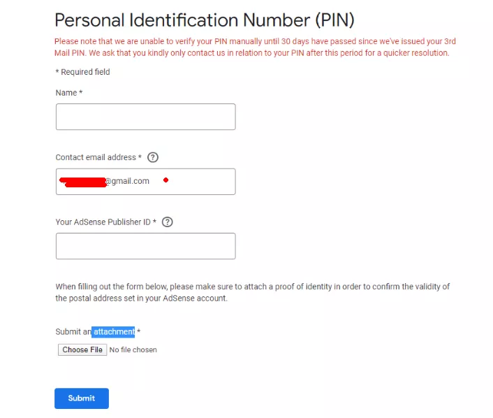 Adsense PIN码人工验证提交信息内容