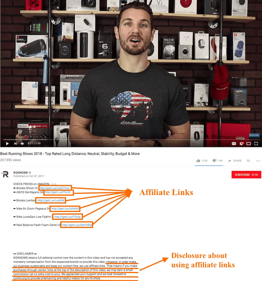 Affiliate links in YouTube video description screenshot