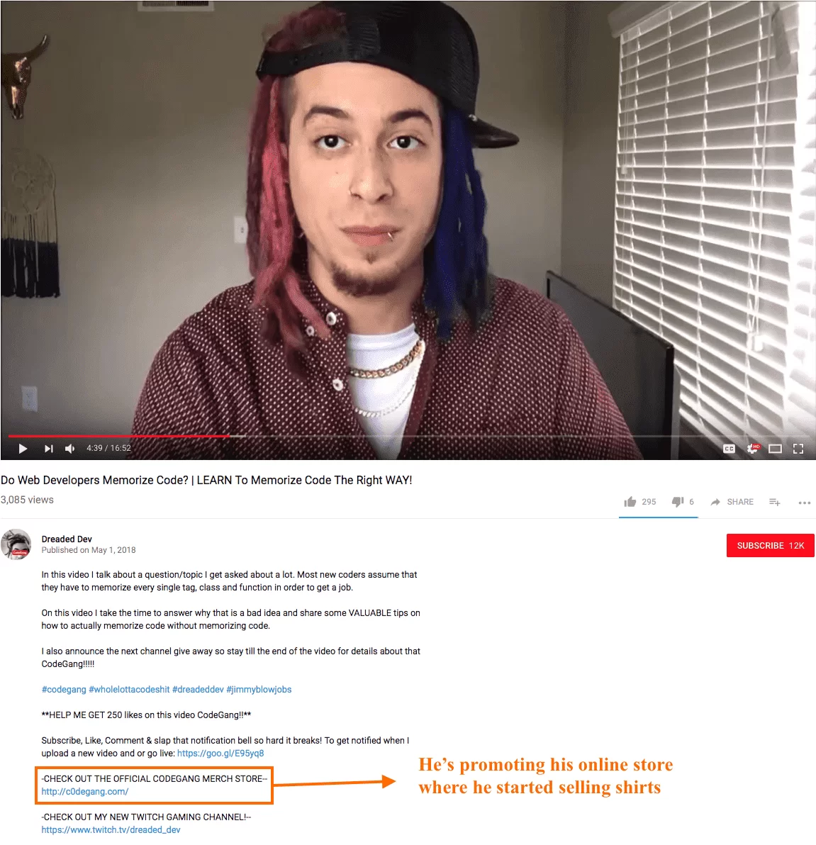 Selling shirts on YouTube channel screenshot