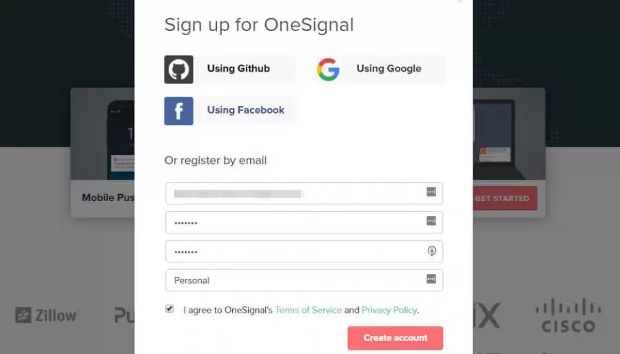 注册OneSignal。