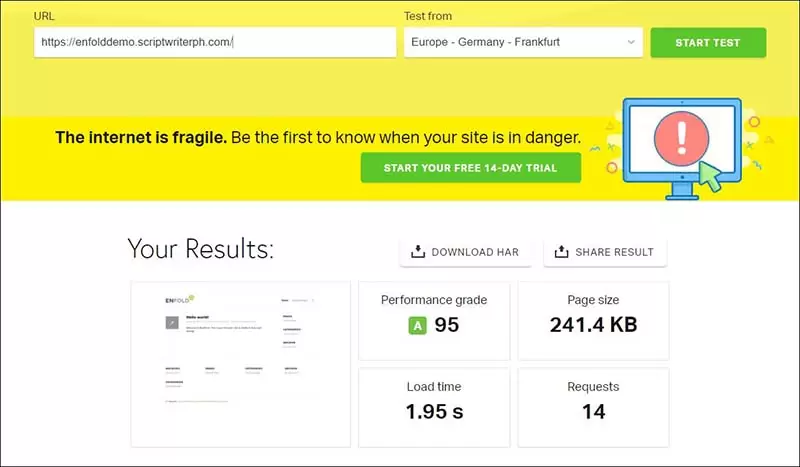 Enfold 主题评论 - Enfold 在 Pingdom 工具上的得分为 95