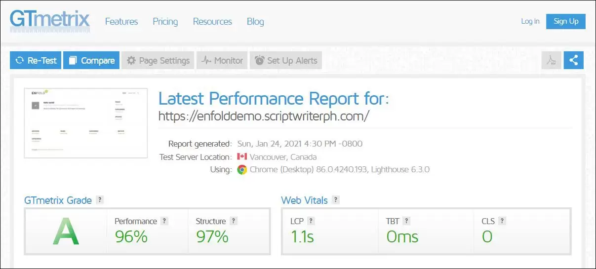 Enfold 主题评测 - Enfold 在 GTMetrix 上的得分为 96