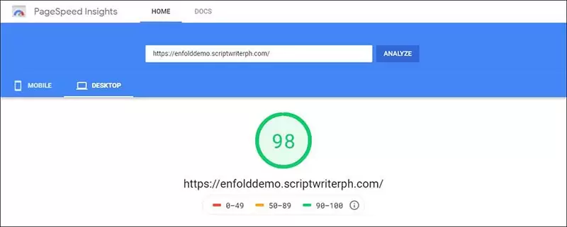 Enfold 主题评论 - Enfold 在 PageSpeed Insights（桌面）上的得分为 98