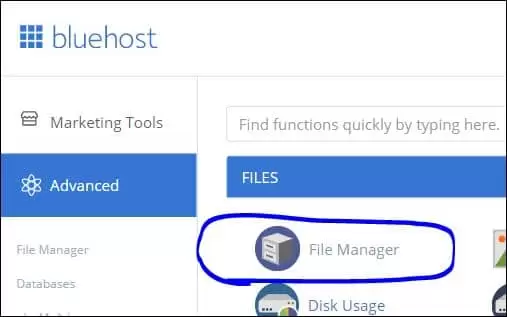 转到文件管理器（在 Bluehost 上可以在高级文件部分下找到它