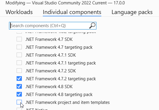 Visual Studio 2022 安装程序 - NET 组中的单个组件