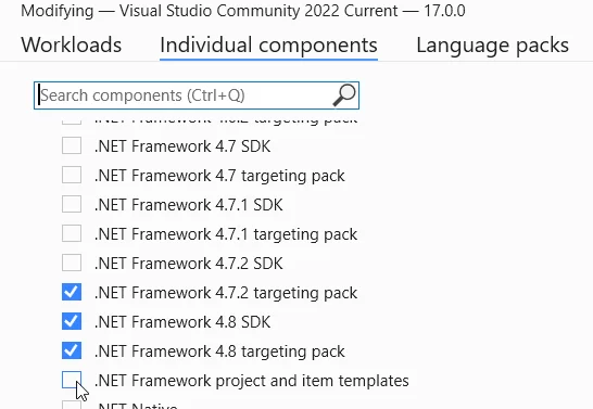 Visual Studio 2022 安装程序 - NET 组中的单个组件