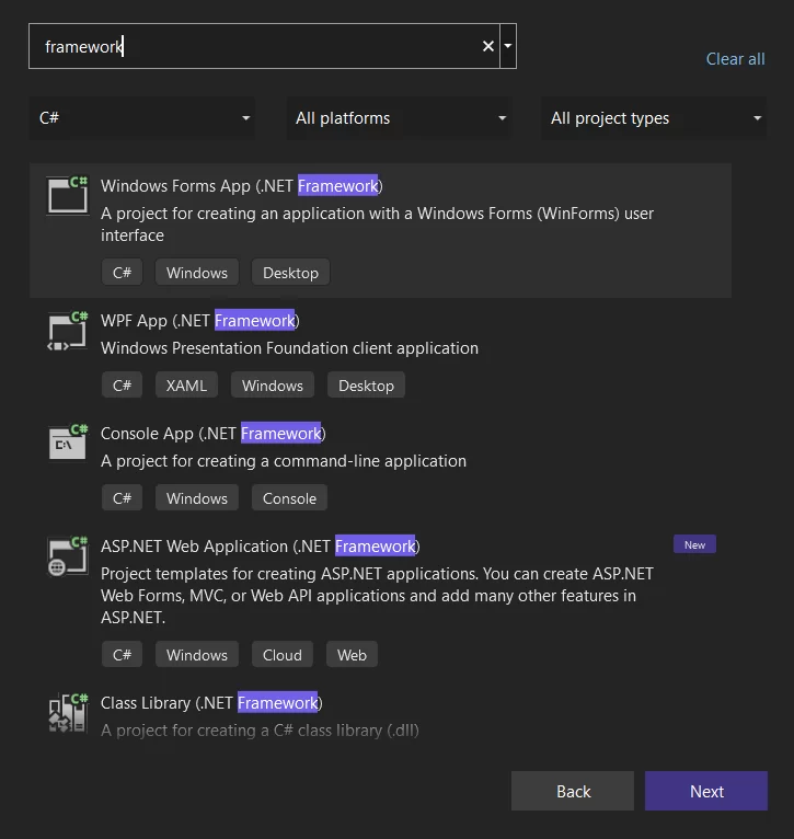 Visual Studio 2022 - 可用 ASP.NET .NET Framework 模板的框架模板列表