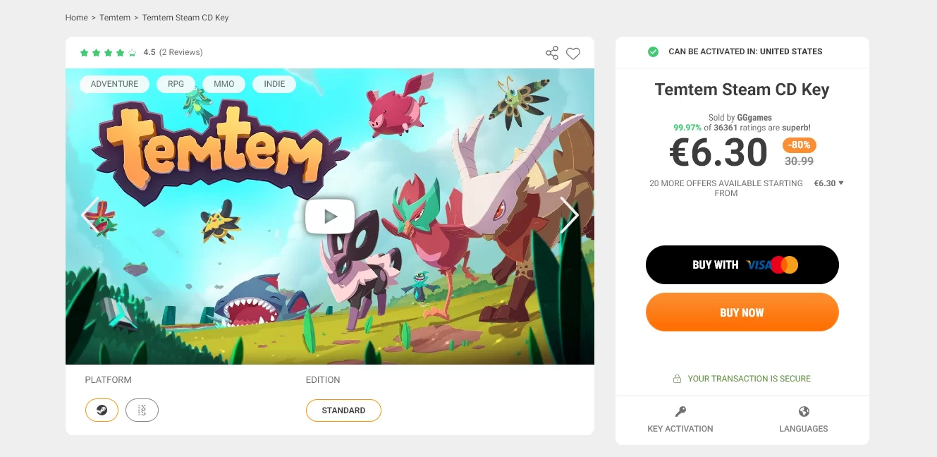 最便宜Temtem Steam CD Key开售仅需要6欧元