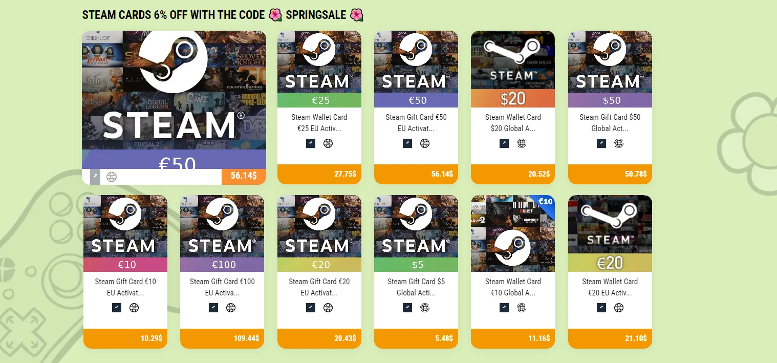 春季STEAM CARDS优惠码 6% 折扣全网最便宜